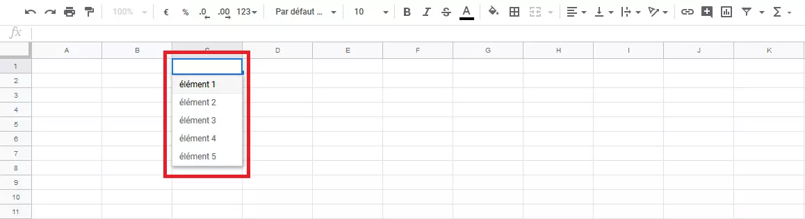 Éléments du menu déroulant de Google Sheets