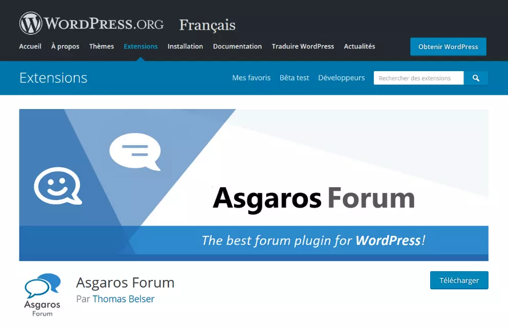 Page de téléchargement d’Asgaros Forum sur WordPress.org 