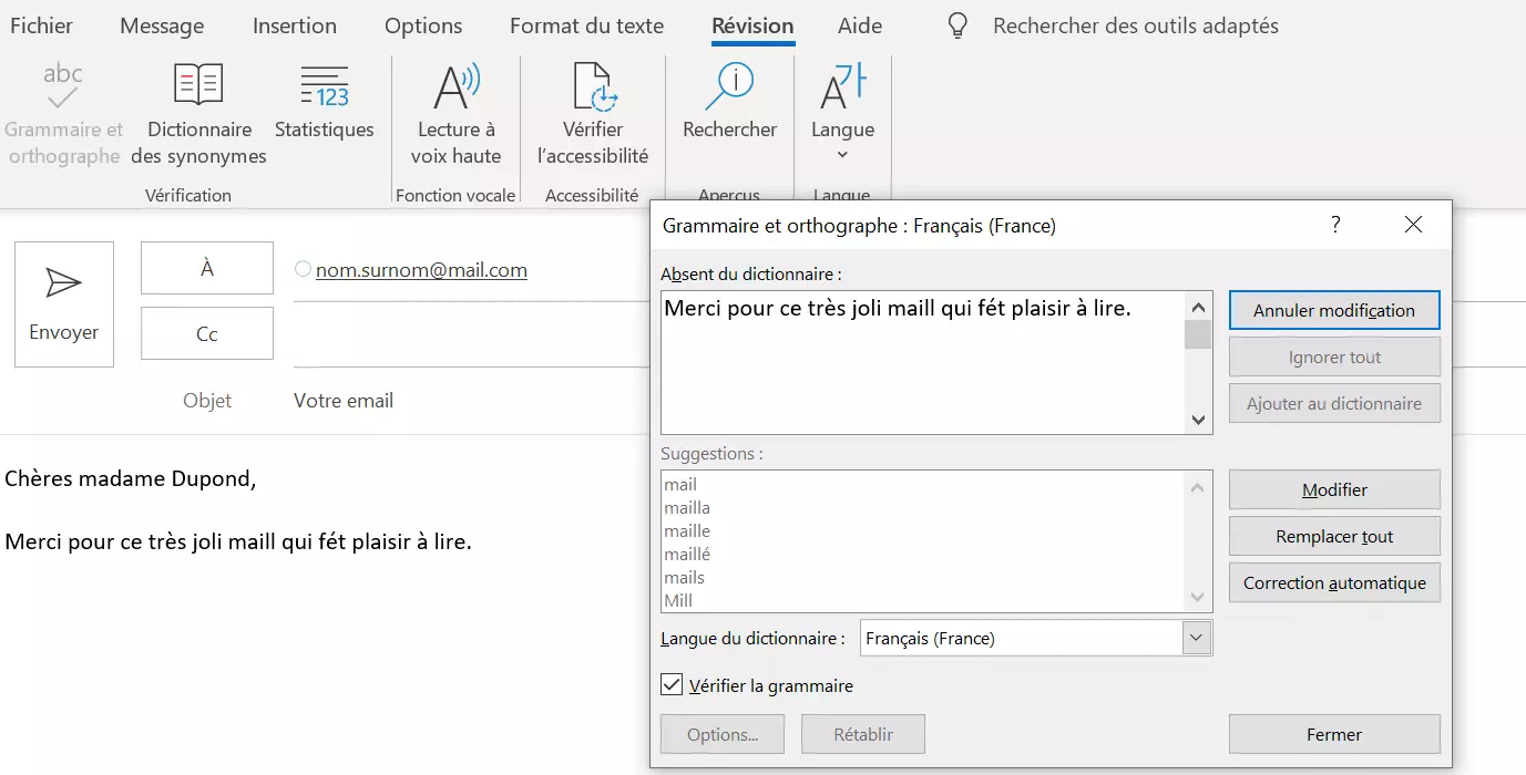 Outlook : vérification d’orthographe manuelle