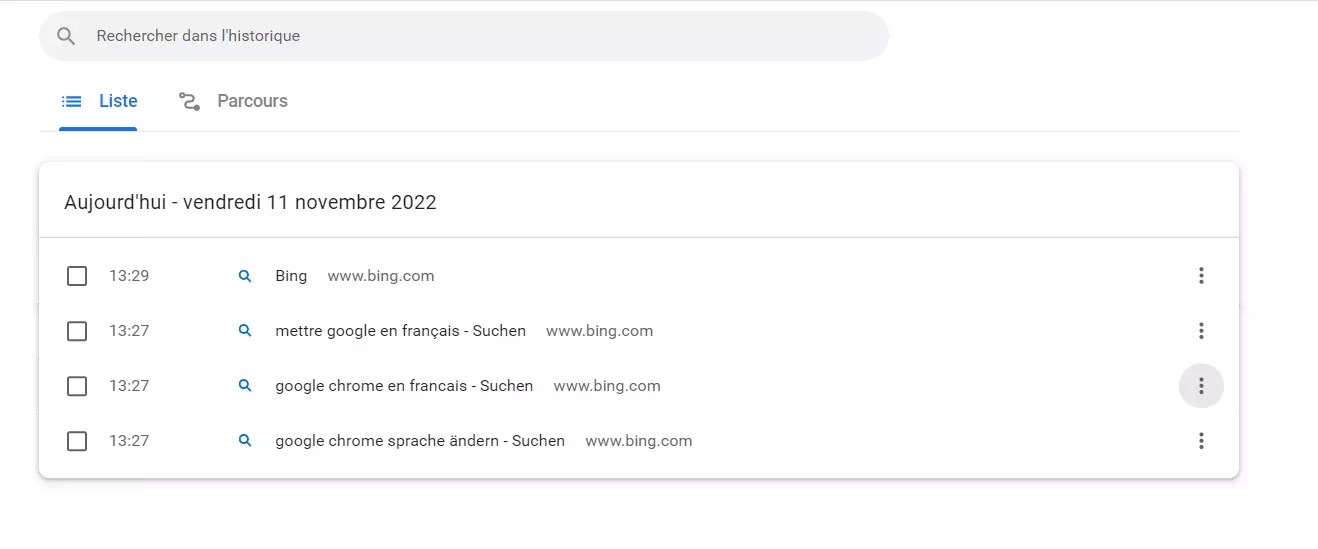 Capture d’écran de l’historique de recherche Google dans le navigateur Chrome