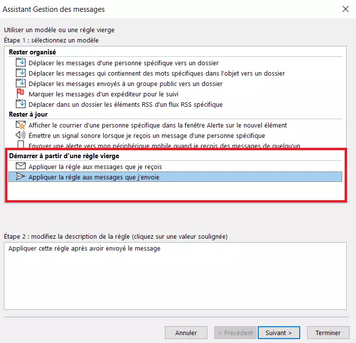 Assistant des règles Outlook : sélection des règles