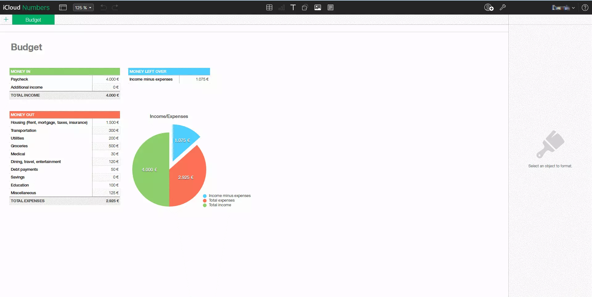 Capture d’écran d’Apple Numbers dans la version iCloud