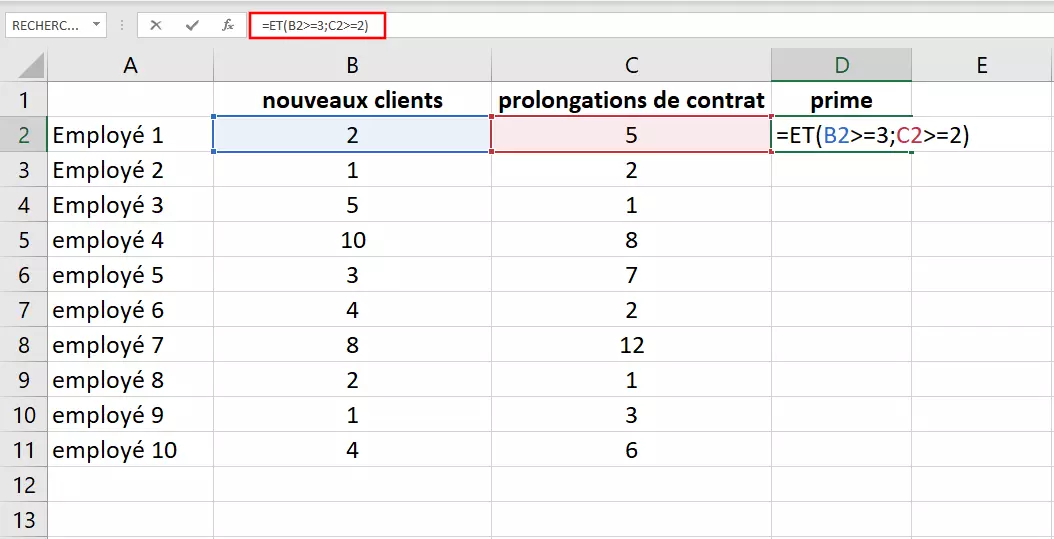 La fonction ET d’Excel : saisie directe dans la cellule