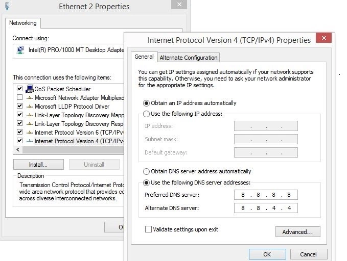 Windows 8 : propriétés des connexions LAN et IPv4