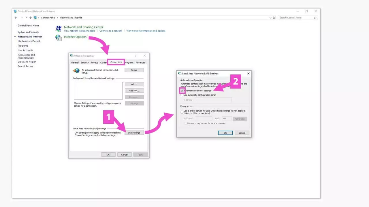 Panneau de configuration Windows : paramètres de connexion