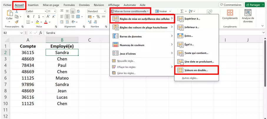 Valeur double dans le menu Excel Mise en forme conditionnelle