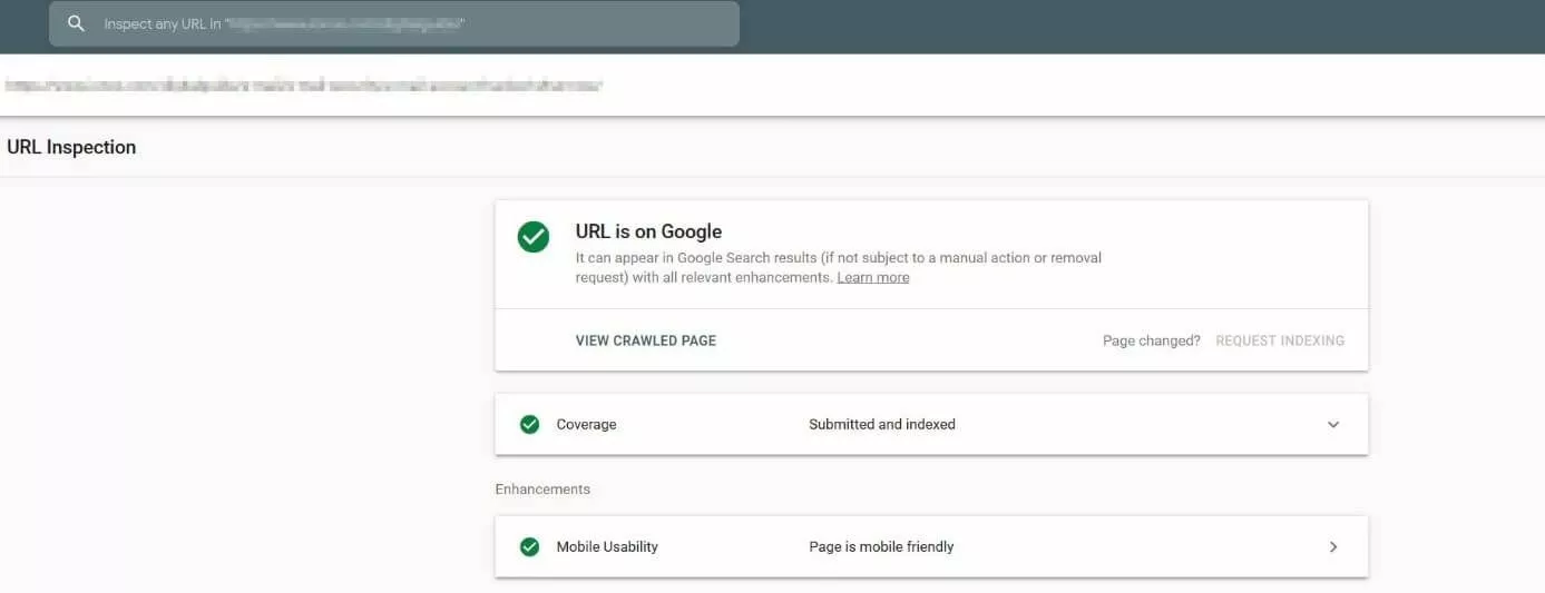 Inspection d’URL avec la Google Search Console.