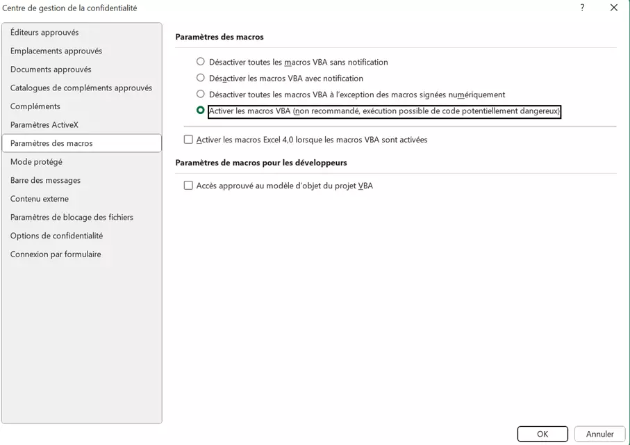 Paramètres des macros dans le Centre de gestion de la confidentialité d’Excel