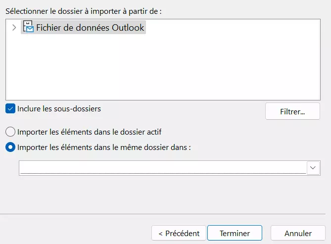 Outlook : sélection des dossiers à important dans l’assistant d’import/export