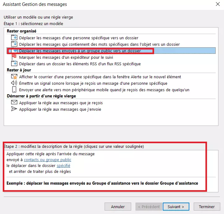 Assistant de règles Outlook : sélection du modèle de règle