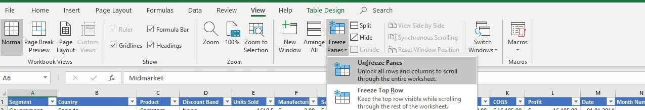 Option de menu Excel « Libérer les volets »