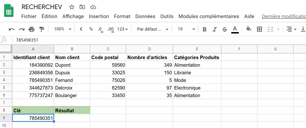 Clé de recherche définie dans Google Sheets