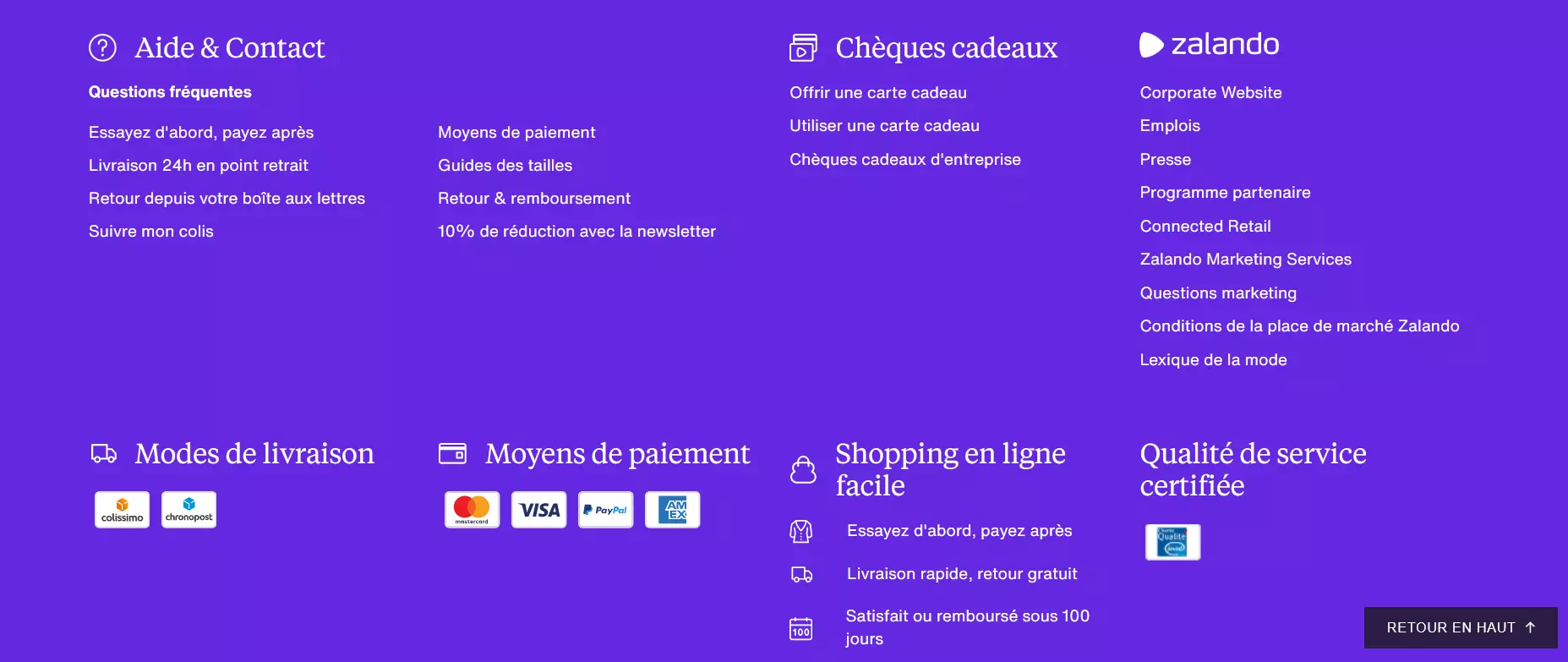 Footer de site Web : meilleures pratiques Zalando.com