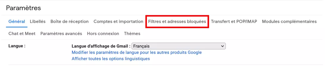 Paramètres de Gmail avec tous les onglets