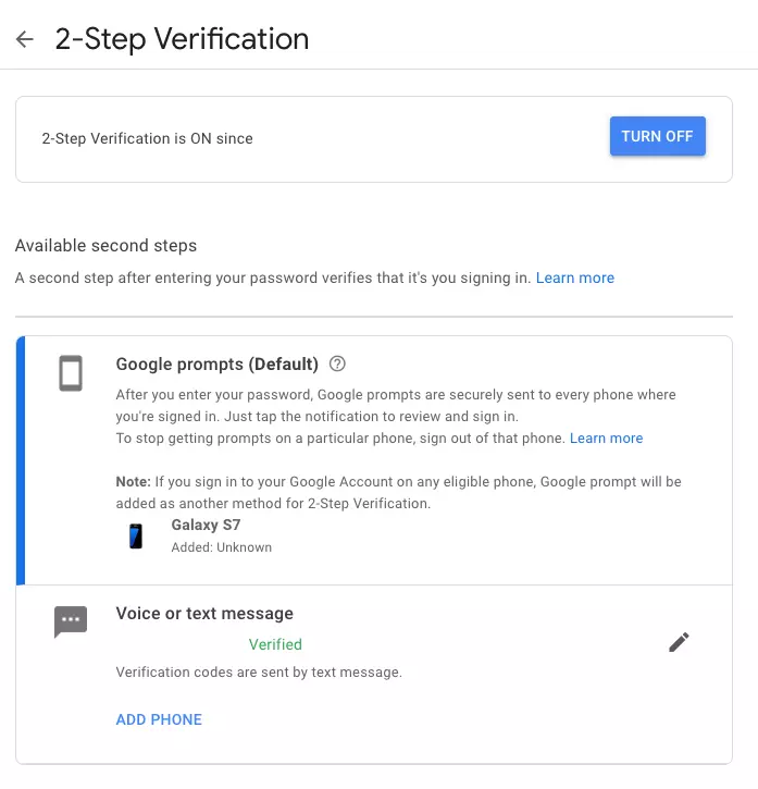 Compte Google : affichage « Validation en deux étapes »