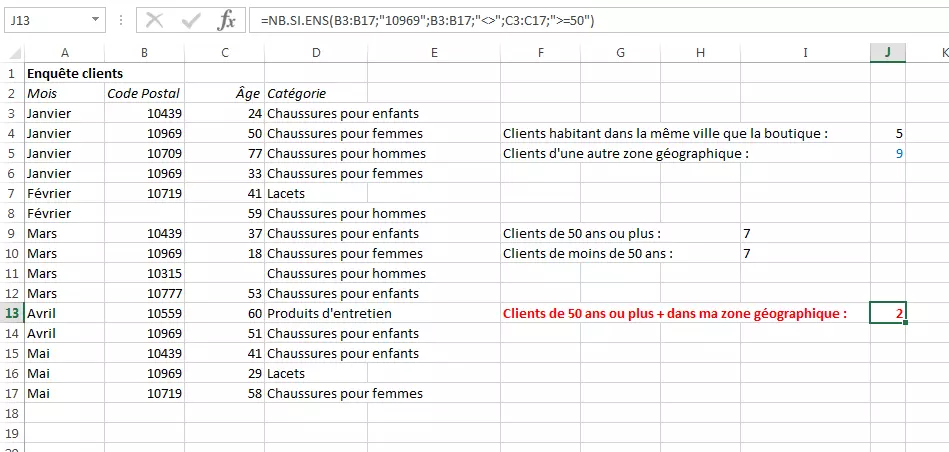 Tableau Excel avec NB.SI.ENS et trois critères de recherche.