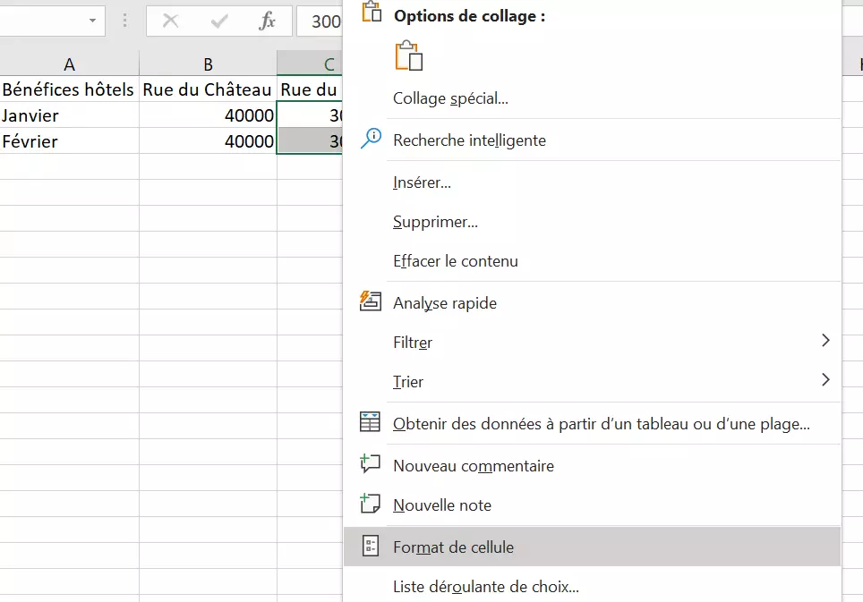 Illustration des cellules sélectionnées avec l’appel du menu « Format de cellule... »