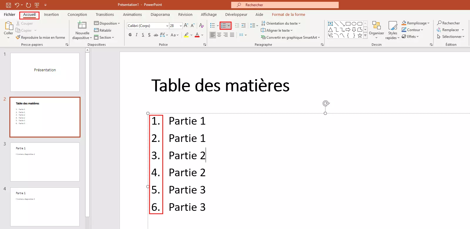 PowerPoint : numérotation de la table des matières