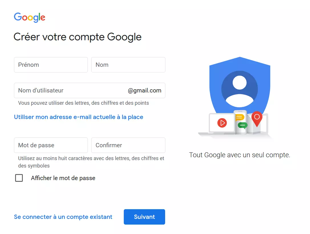 Saisie du nom, du nom d’utilisateur et du mot de passe sur Google