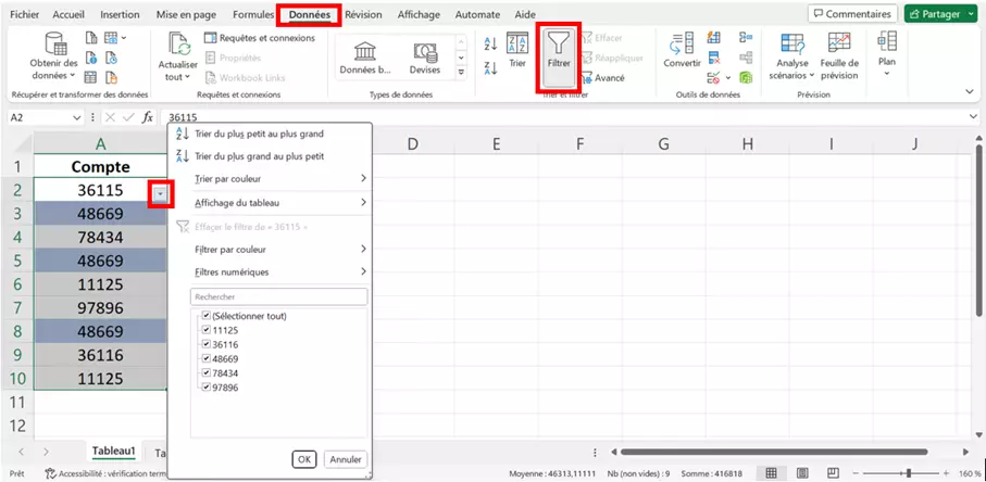 Filtre sur Excel