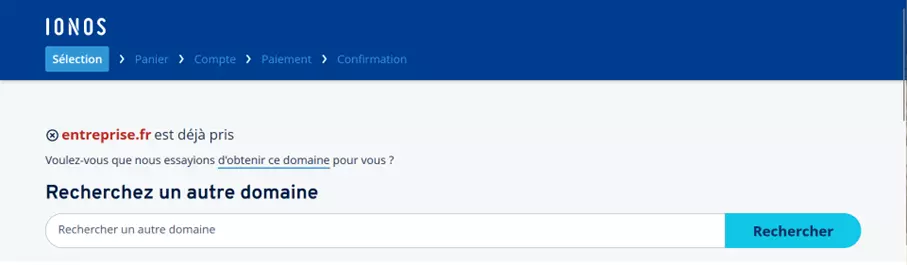 Outil Domain Check de IONOS : exemple avec entreprise.fr