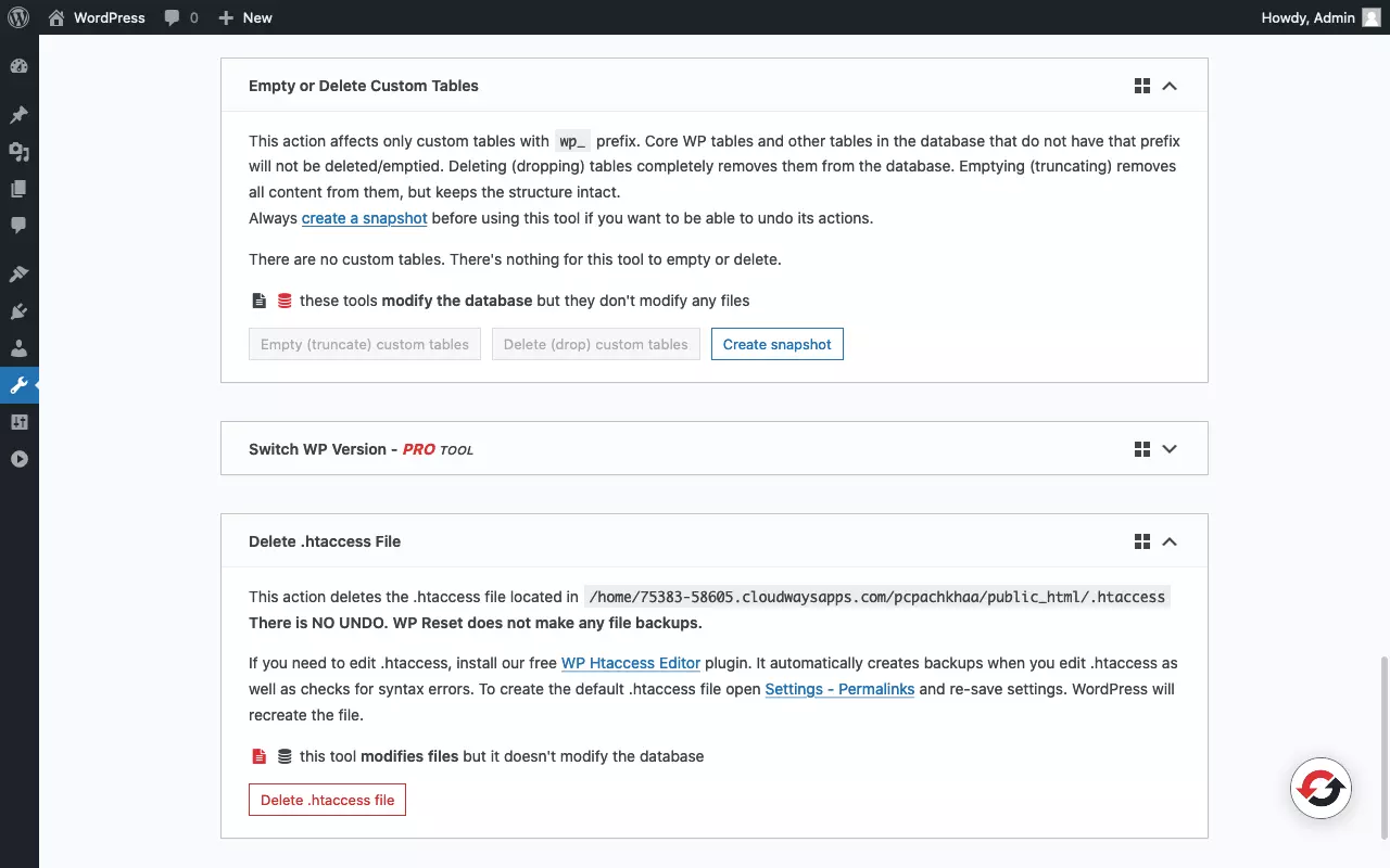 Capture d’écran de la page d’outils du plugin « WP Reset » (3/3)