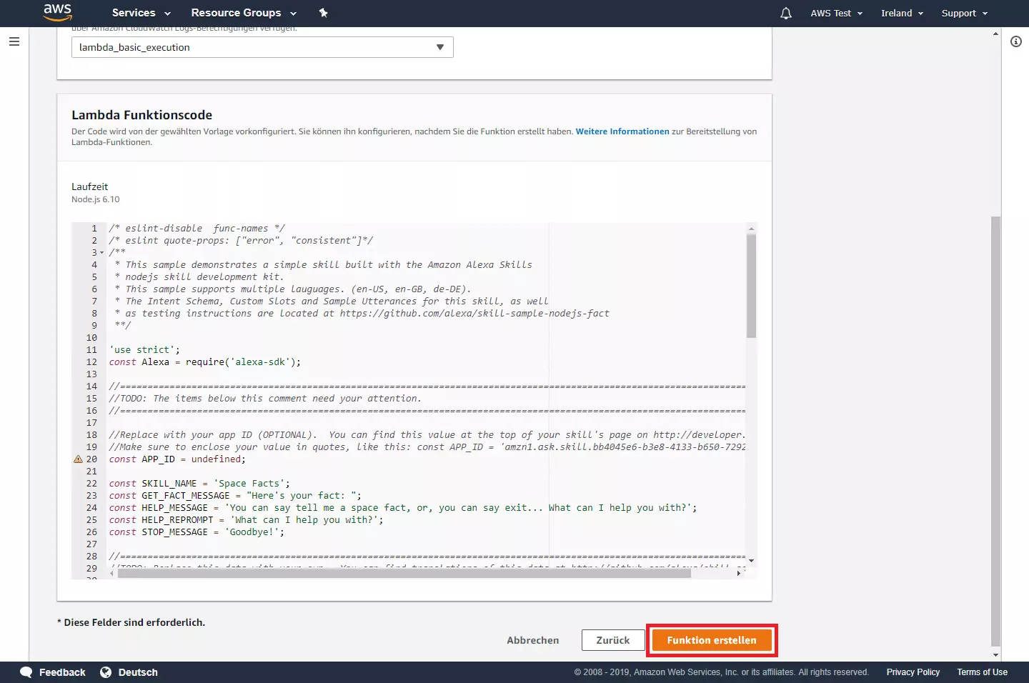 AWS Management Console : le code de programmation du modèle alexa-skill-kit-sdk-factskill