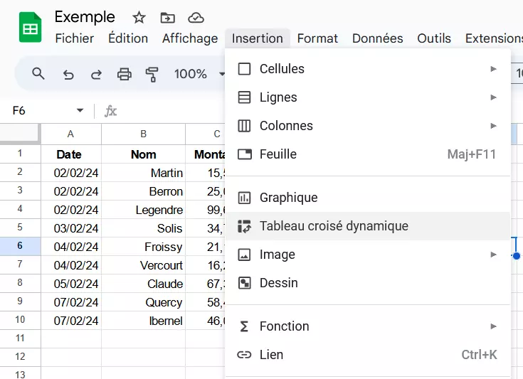 Capture d’écran pendant la création d’un tableau croisé dynamique