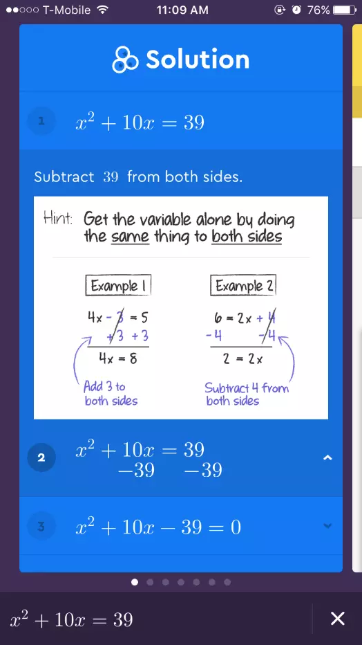 Capture d'écran d'une équation mathématique résolue avec l'app Socratic