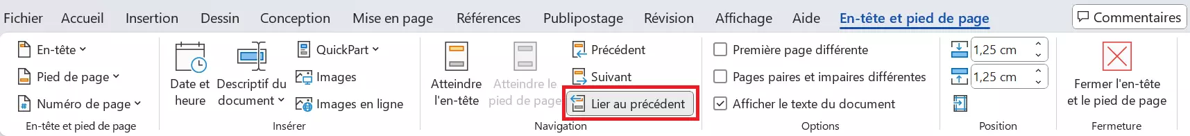 Word : lier le pied de page et l’en-tête.