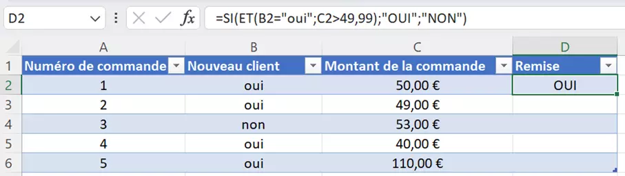 Fonction SI ET d’Excel : réponse automatique