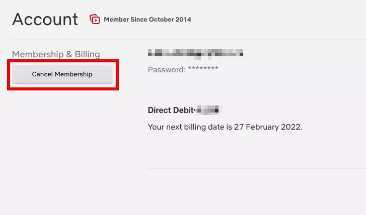 Capture d’écran du compte Netflix avec l’option « Annuler l’abonnement »