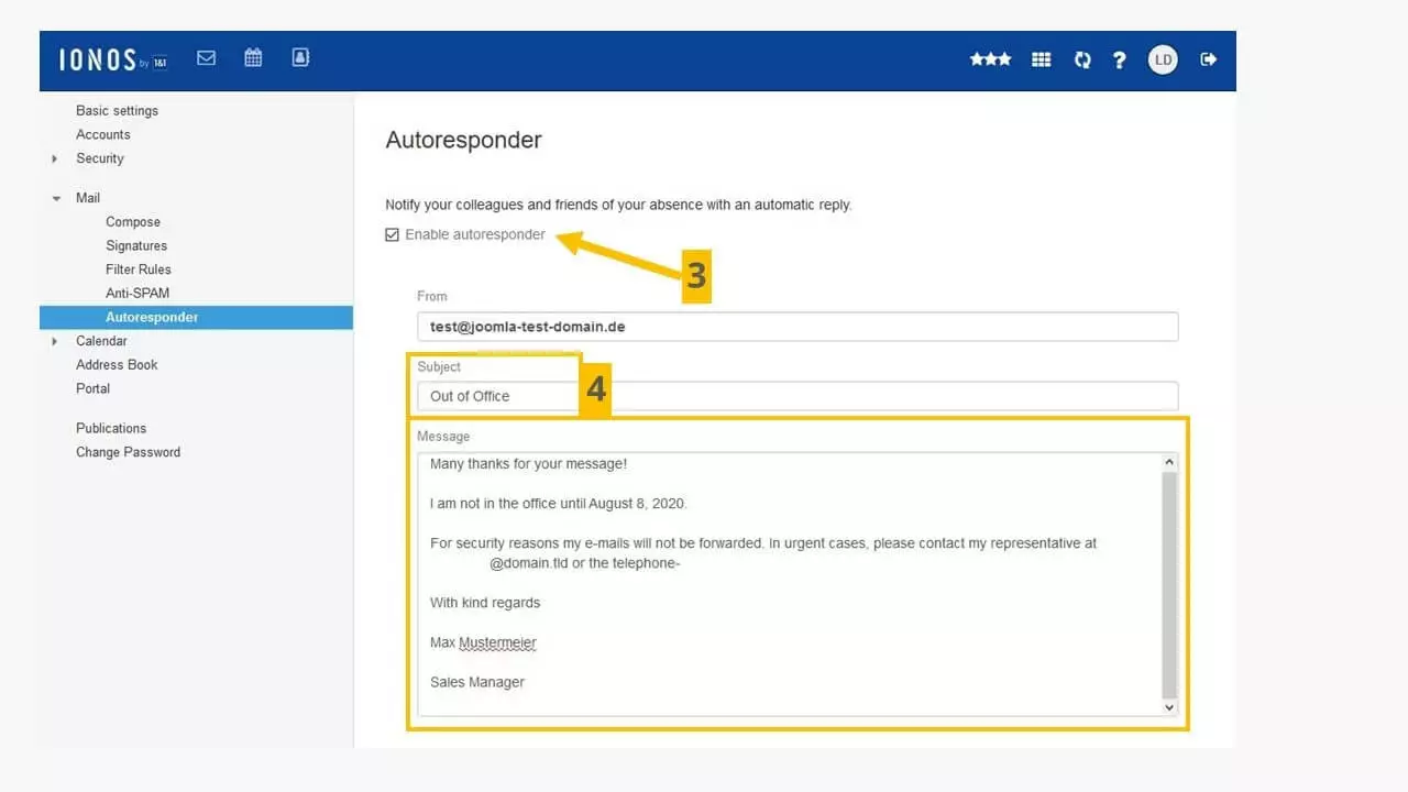 Paramètres du message d’absence dans l’interface de messagerie Web IONOS.