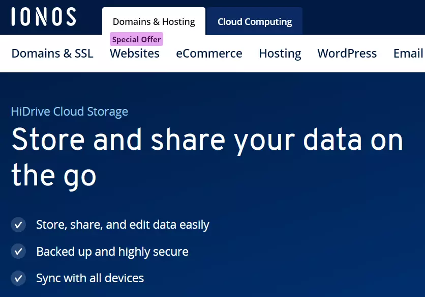 Capture d’écran de la page Web IONOS HiDrive