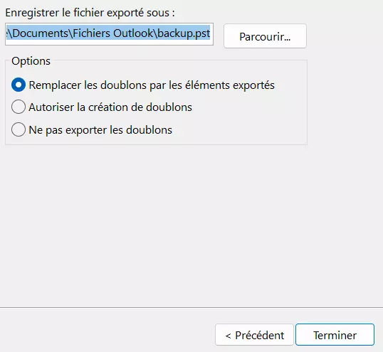 Outlook : définition de l’emplacement du fichier PST dans l’assistant d’import/export