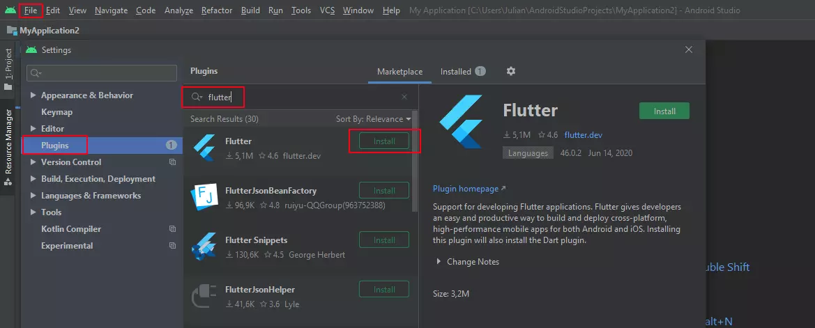 Installation du Plugin Flutter dans Android Studio