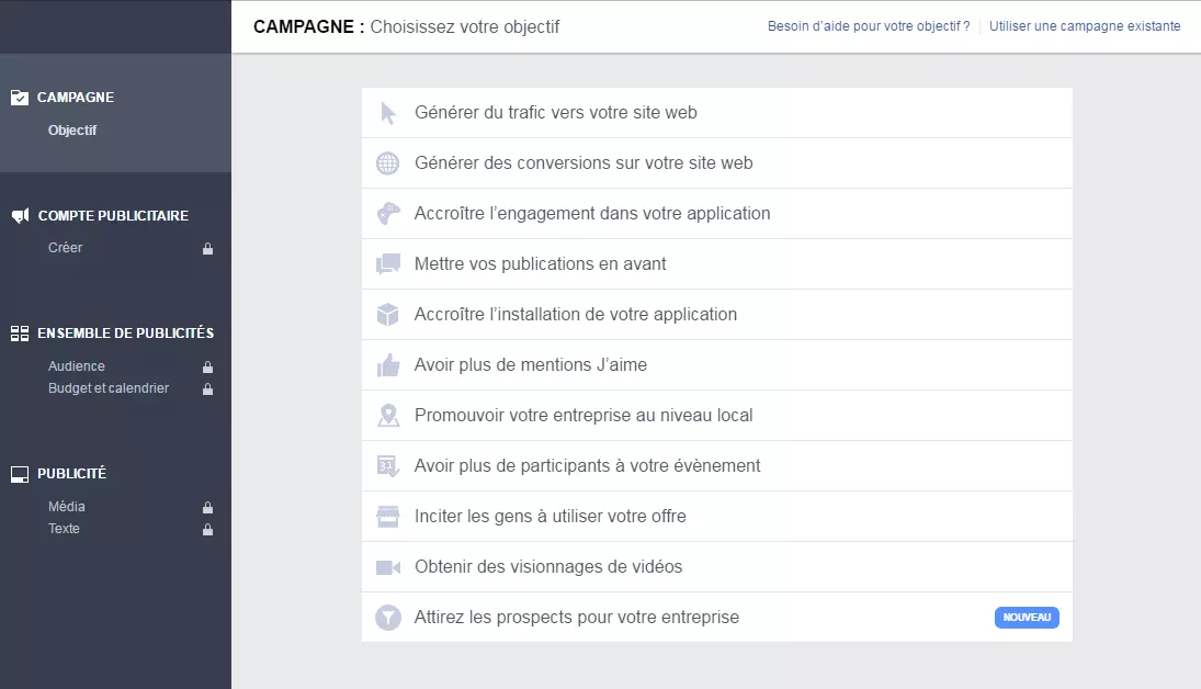 Choix de l’objectif d’une campagne Facebook