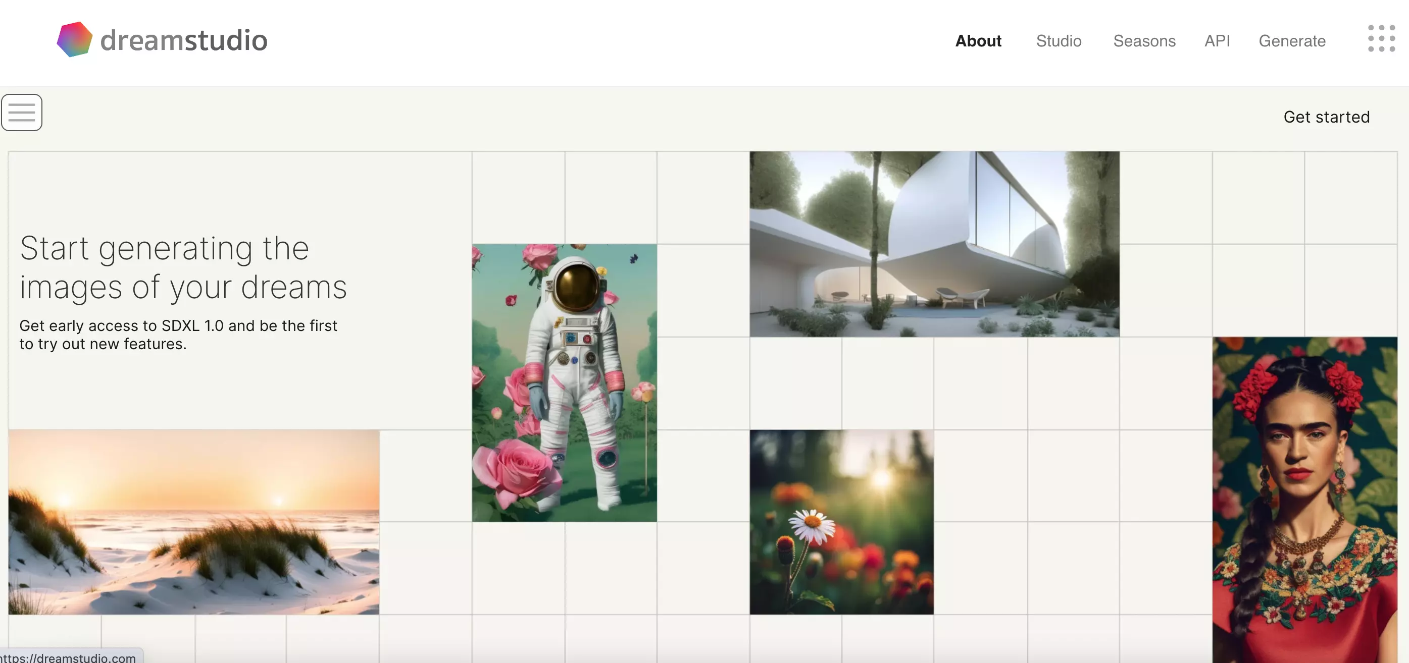 Capture d’écran de la page d’accueil de DreamStudio