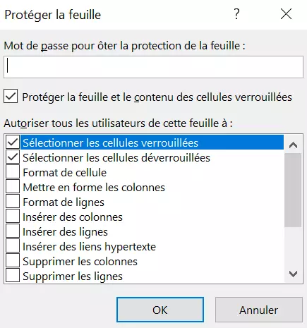 Illustration de la boîte de dialogue « Protéger la feuille »