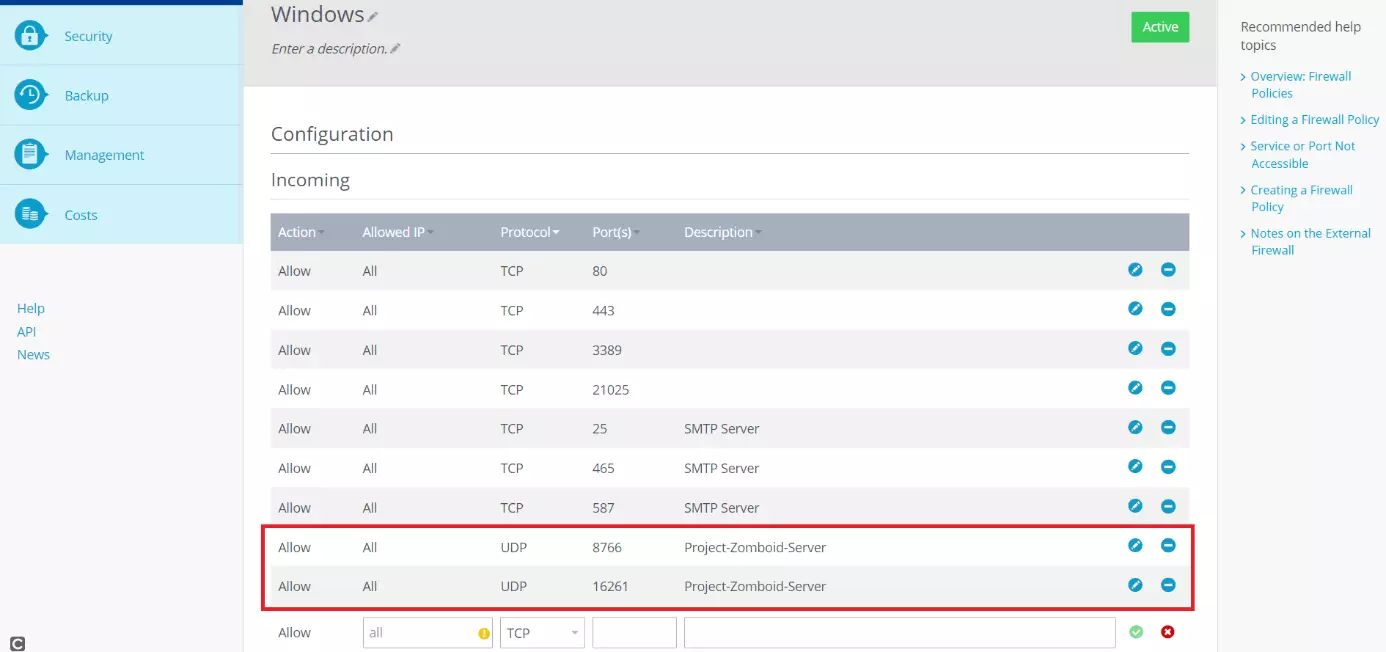 Liste des ports autorisés dans le Cloud Panel