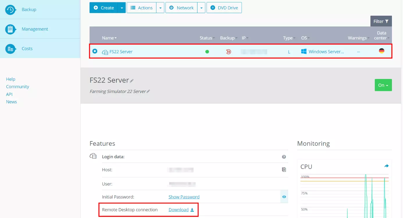 Données d’accès au serveur dans IONOS Cloud Panel