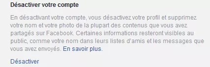 La notification de Facebook pour désactiver son compte.