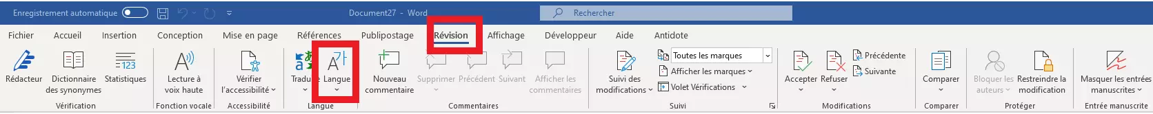 Menu Word « Révision » avec l’option « Langue »