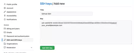 SSH key publique copiée sur la page des paramètres GitHub