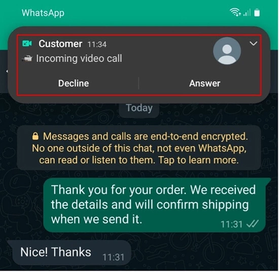 Android : « Refuser » et « Accepter » un appel vidéo WhatsApp entrant