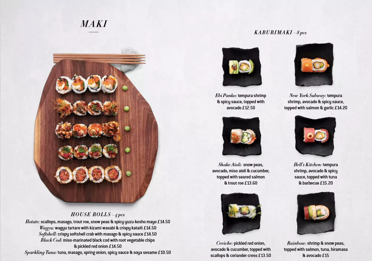 Menu de restaurant japonais avec de belles photos de sushi