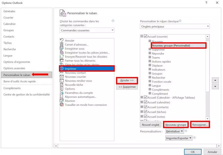 Fenêtre « Options Outlook » qui permet de personnaliser le ruban