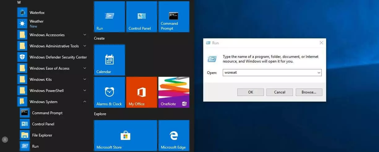 Windows 10 : démarrage de wsreset via « Exécuter »