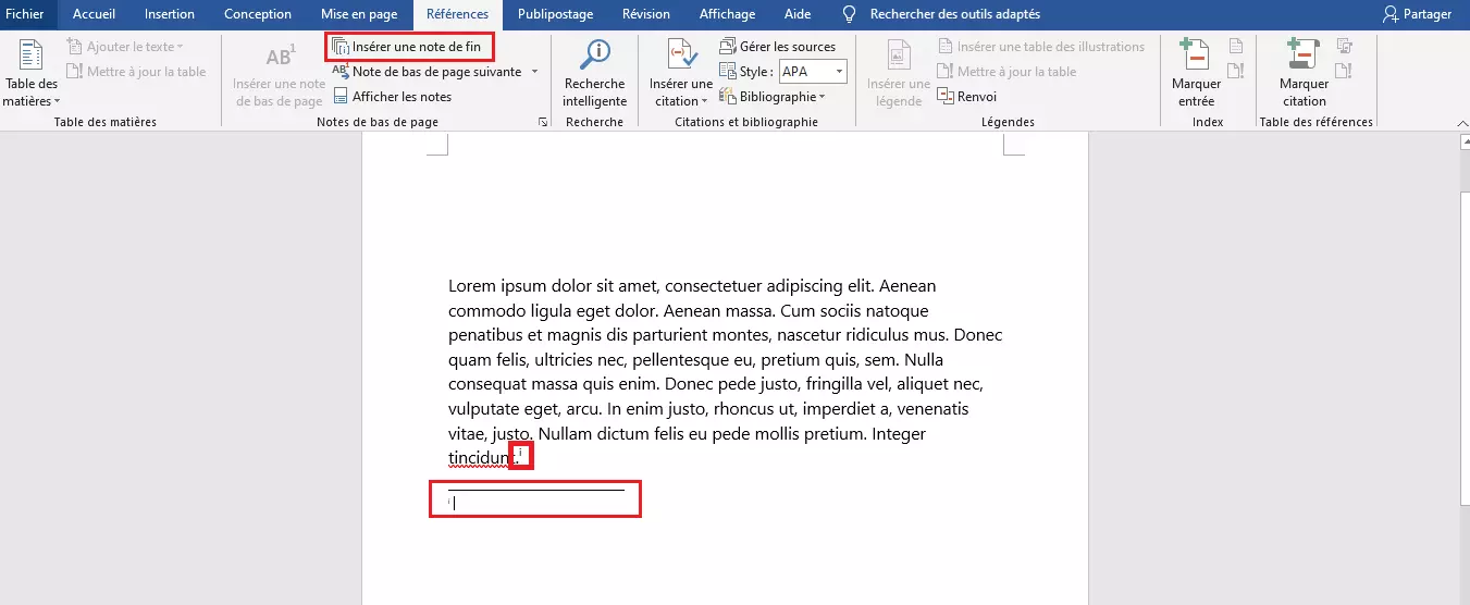 Ajouter des notes de fin dans Word 2019