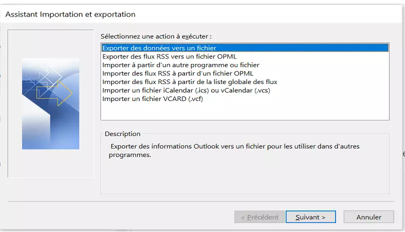 Assistant d’importation et d’exportation Outlook : actions possibles